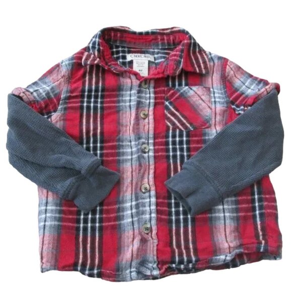 Cherokee Button Front Shirt Boys Size 4T Gray Red Plaid Long Sleeve Collared Top - Picture 1 of 3